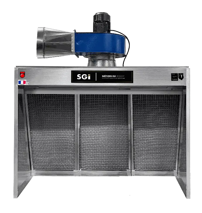 Hotte Deluxe SGI Pastry, triple filtration inox, haute productivité, réduction du brouillard Hotte aspirante SGI Pastry Deluxe inox 1,5m, triple filtration, pulvérisation simultanée de 2 plaques 40x60 cm