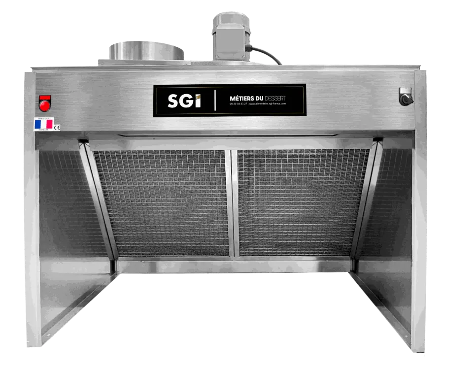 Hotte Mini SGI Pastry, système double filtration avec cadres inox lavables, installation hauteur 2,30 m Hotte aspirante SGI Pastry Mini en inox 1m, double filtration, adaptée aux laboratoires à faible hauteur sous plafond