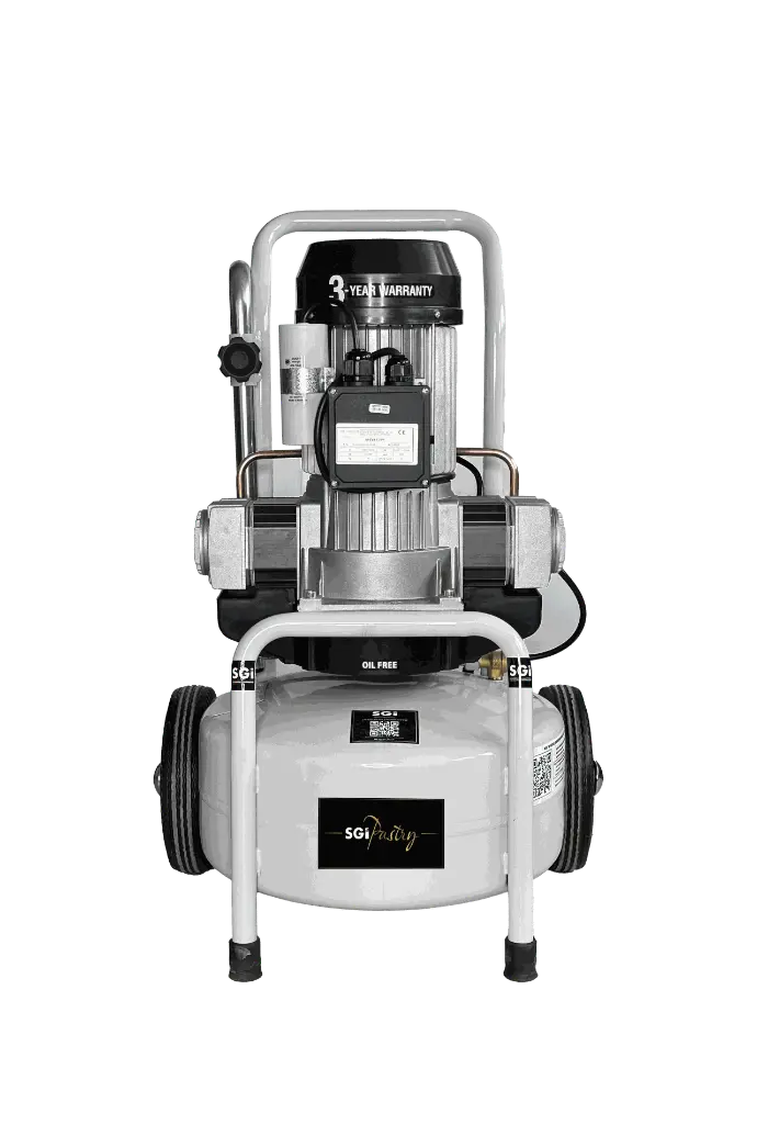 Compresseur BREVA3-24M 24L, compact et mobile avec roulettes et poignée, idéal pour petites productions et démonstrations