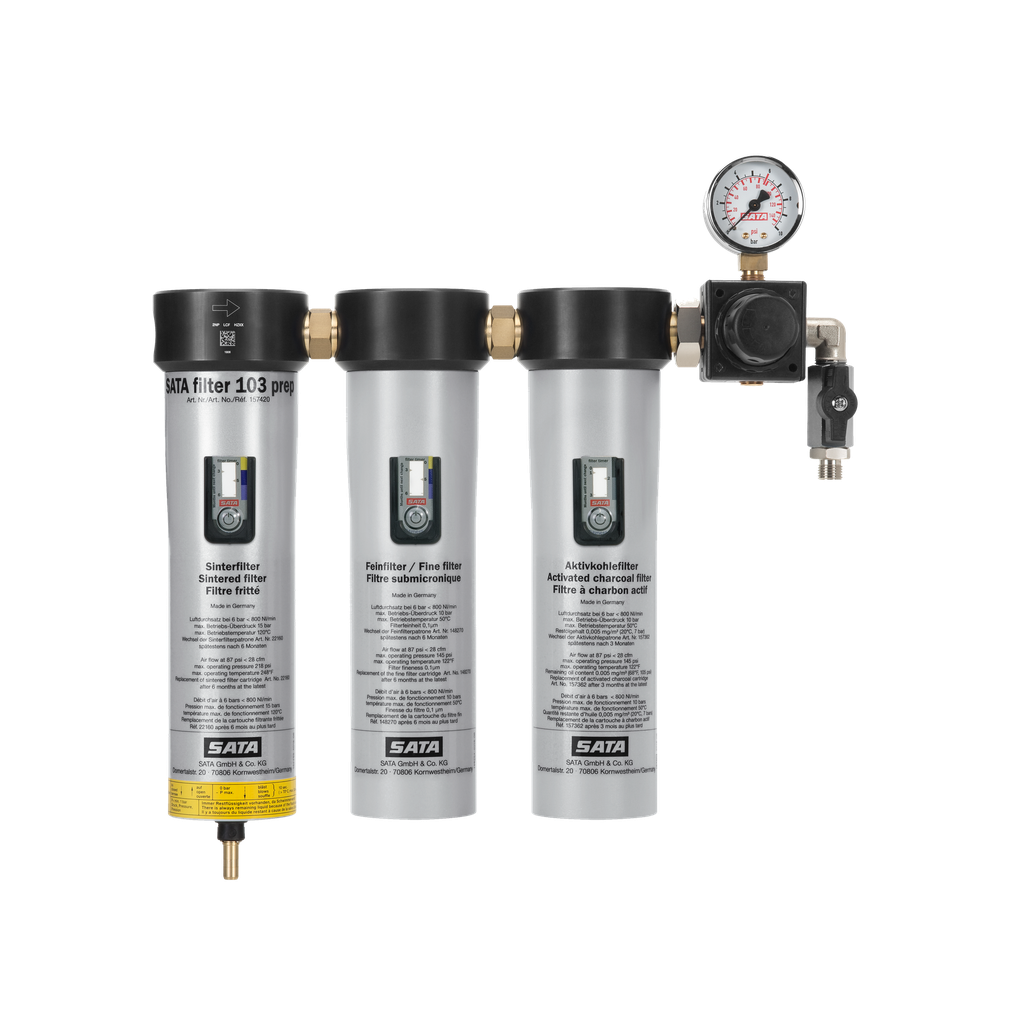 FILTRES SATA 103 - 3 Niveaux de Filtration : Filtres Bronze  +  Fin  + Charbon actif.  Manomètre régulateur de pression  + Coupleur Euro eSafe + Sata Filter inclus