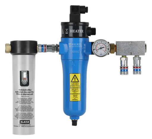 [KITRECHAUFCHARBON] RECHAUFFEUR D’AIR "A55TH" avec thermomètre +  Filtre charbon actif SATA 101 - entrée Euro + double sortie d'air avec 2 coupleurs eSafe - 220 volt