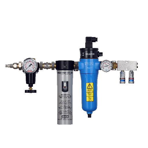 [KITRECHAUFCHARBONREGUL] RECHAUFFEUR D’AIR "A55TH" avec thermomètre + Filtre charbon actif SATA 101 + Régulateur d'air - entrée Euro + double sortie d'air avec 2 coupleurs eSafe - 220 volt
